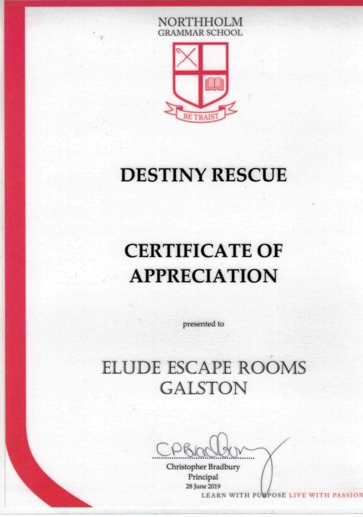 Certificate of Appreciation from Destiny Rescue