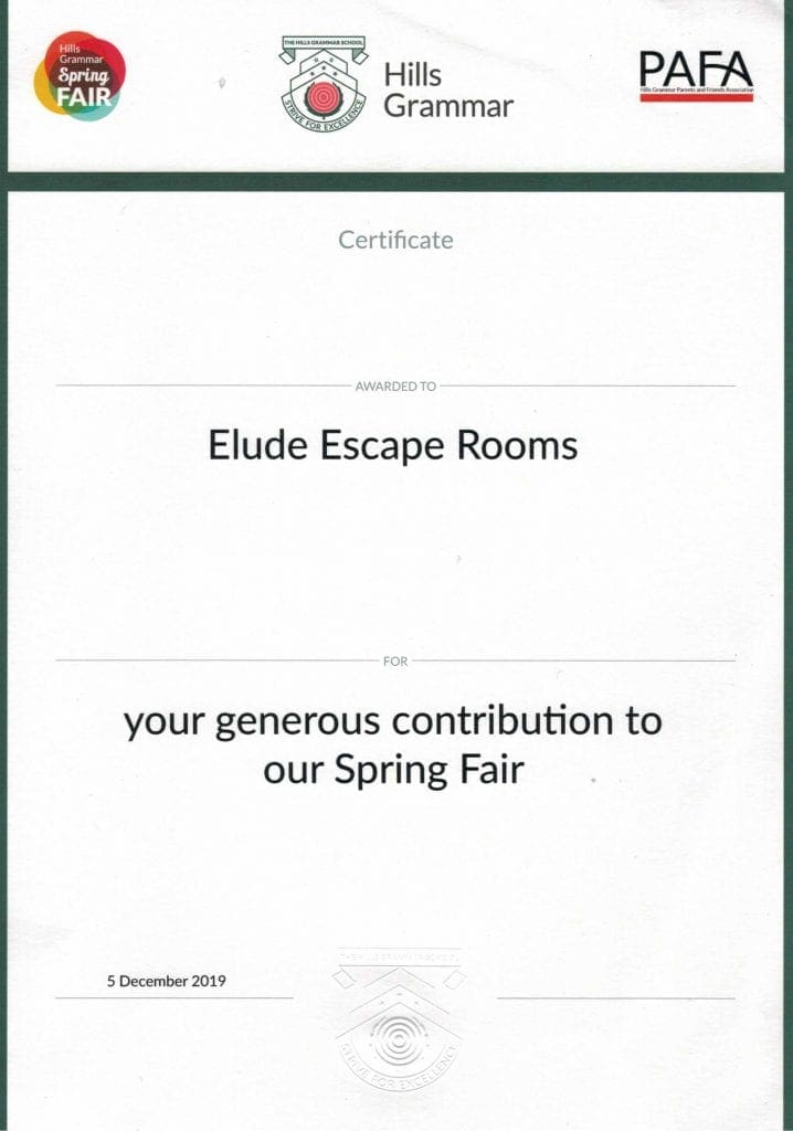 Hills Grammar certificate of appreciation