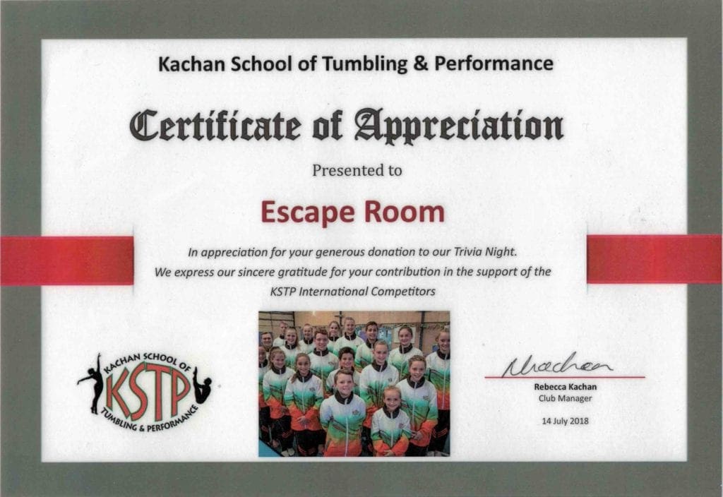 Certificate of Appreciation from Kachan School of Tumbling & Performance