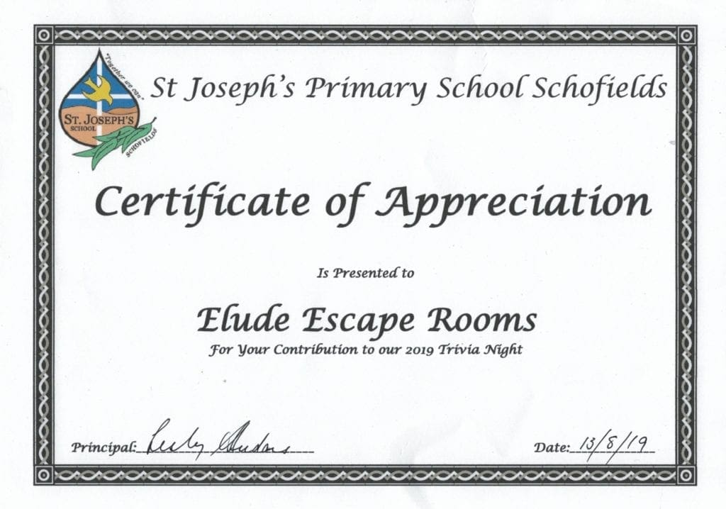 Certificate of Appreciation from St Joseph's Primary School