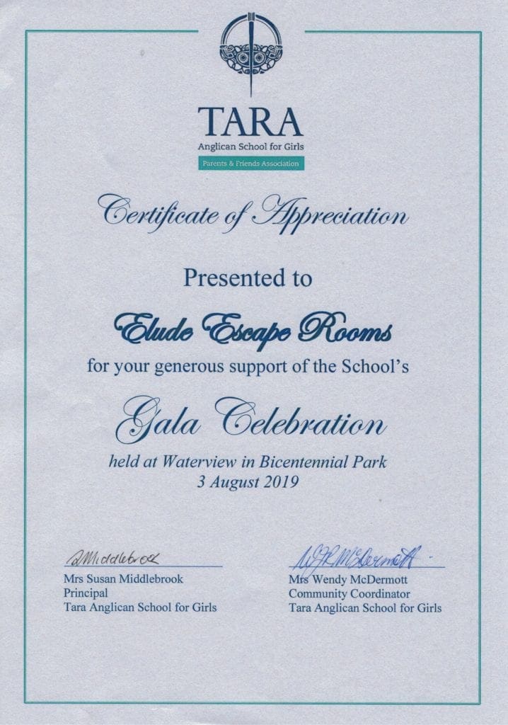 Certificate of Appreciation from Tara Anglican School